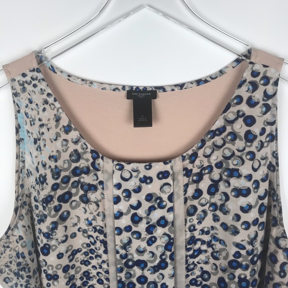Ann Taylor Sleeveless Blue Pleated Dot Print Blouse Tank Top XL - Picture 3 of 8